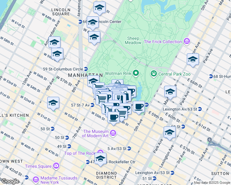 map of restaurants, bars, coffee shops, grocery stores, and more near Central Park South in New York