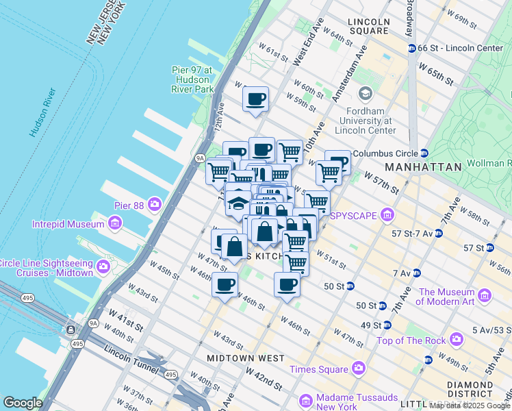 map of restaurants, bars, coffee shops, grocery stores, and more near 516 West 52nd Street in New York