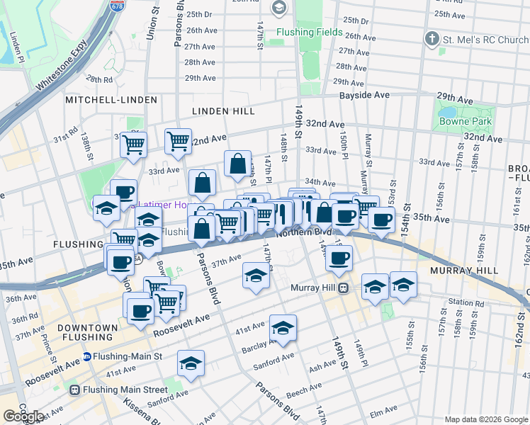 map of restaurants, bars, coffee shops, grocery stores, and more near 146-25 Northern Boulevard in Queens