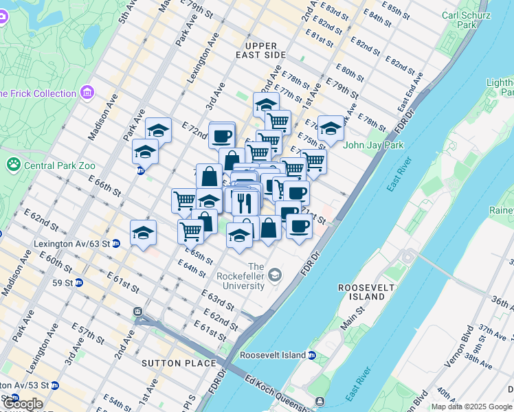 map of restaurants, bars, coffee shops, grocery stores, and more near 400 East 70th Street in New York