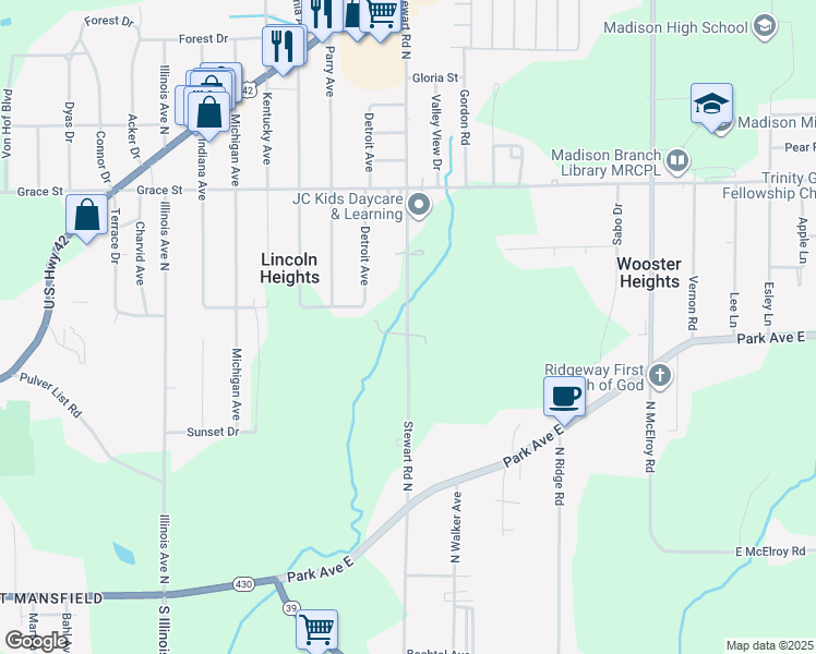 map of restaurants, bars, coffee shops, grocery stores, and more near 291 North Stewart Road in Mansfield