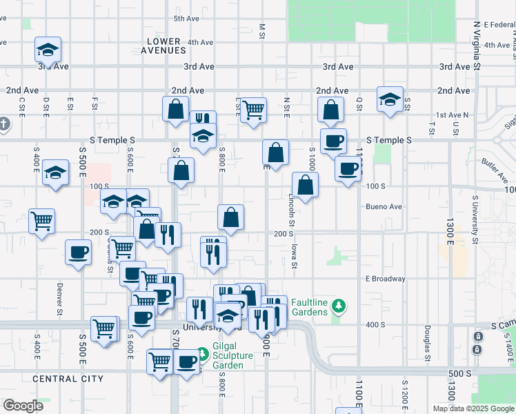 map of restaurants, bars, coffee shops, grocery stores, and more near 174 South 900 East in Salt Lake City