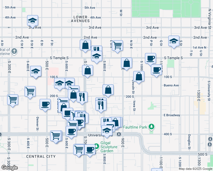 map of restaurants, bars, coffee shops, grocery stores, and more near 178 South 800 East Street in Salt Lake City