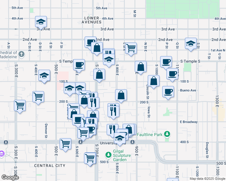map of restaurants, bars, coffee shops, grocery stores, and more near 178 South 800 East Street in Salt Lake City