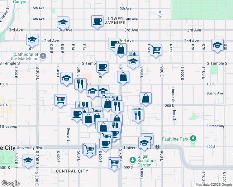 map of restaurants, bars, coffee shops, grocery stores, and more near 160 South 700 East in Salt Lake City