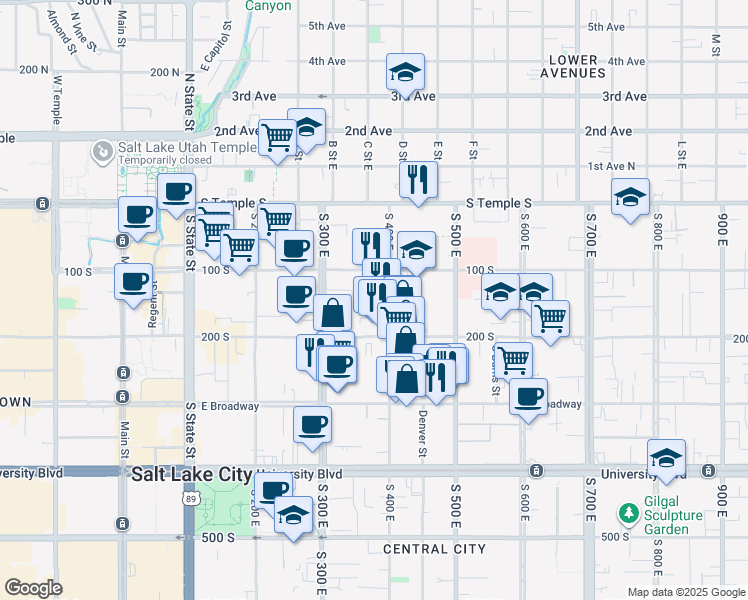 map of restaurants, bars, coffee shops, grocery stores, and more near 363 East 200 South in Salt Lake City