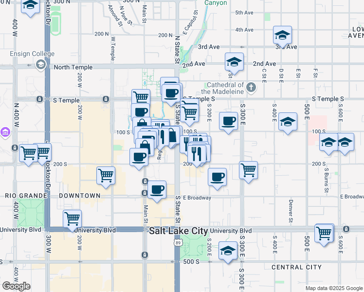 map of restaurants, bars, coffee shops, grocery stores, and more near 185 State Street in Salt Lake City
