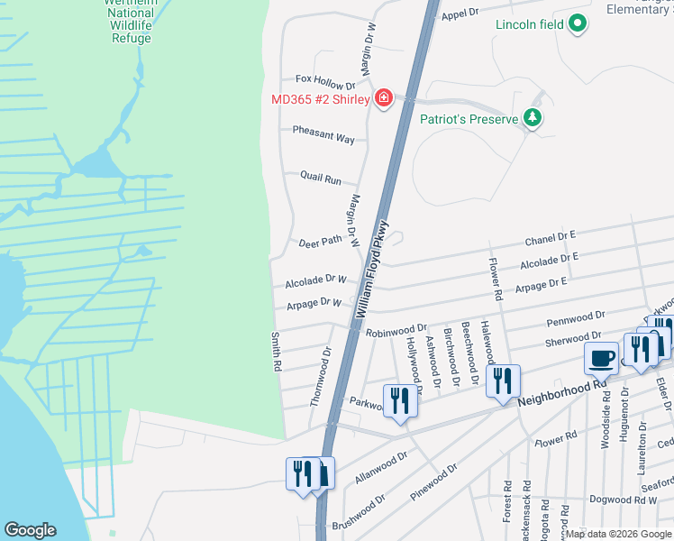 map of restaurants, bars, coffee shops, grocery stores, and more near 19 Arpage Drive West in Shirley