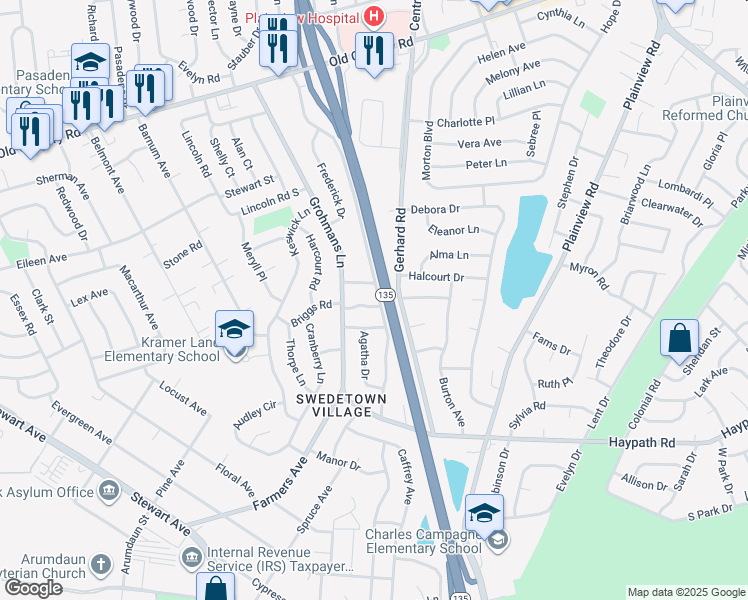 map of restaurants, bars, coffee shops, grocery stores, and more near 12 Barby Lane in Plainview