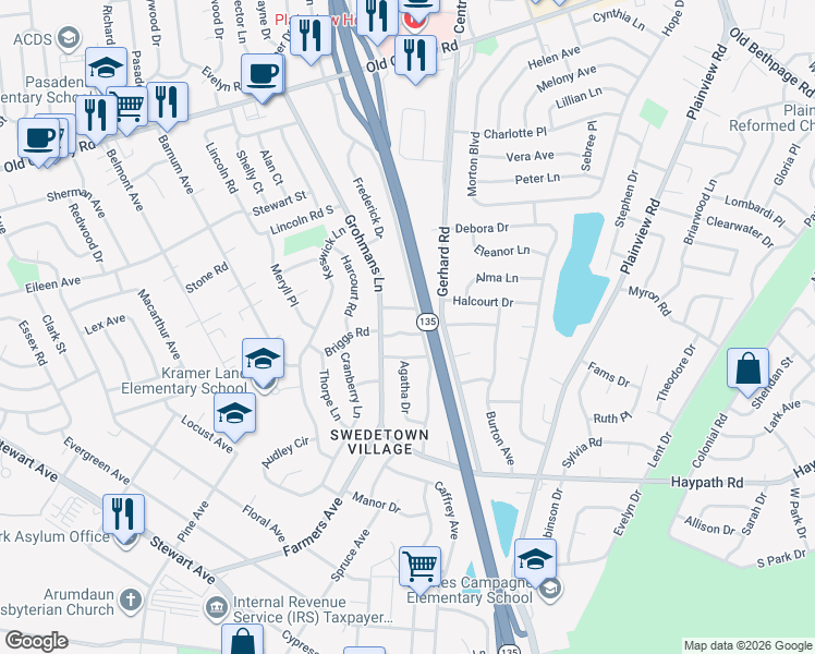 map of restaurants, bars, coffee shops, grocery stores, and more near 12 Barby Lane in Plainview