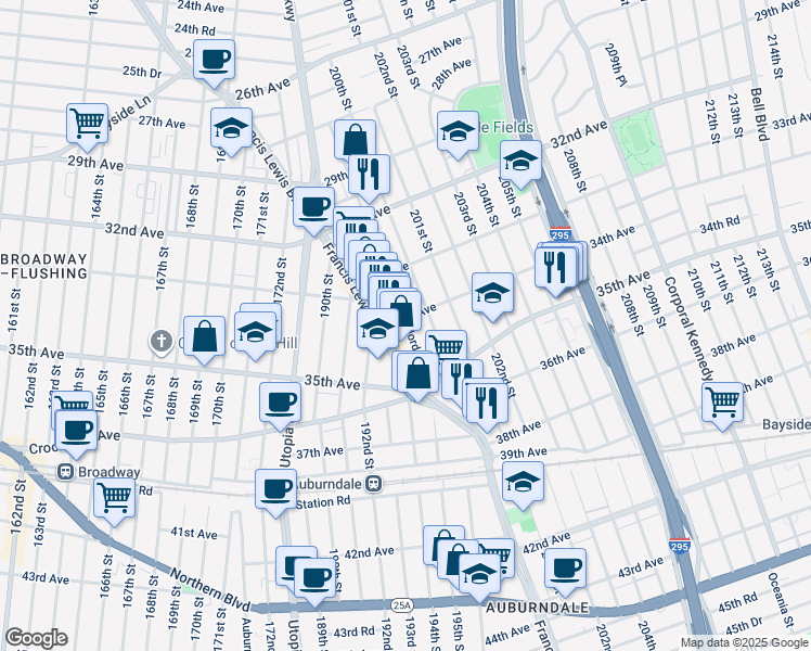 map of restaurants, bars, coffee shops, grocery stores, and more near 34-31 Jordan Street in Queens