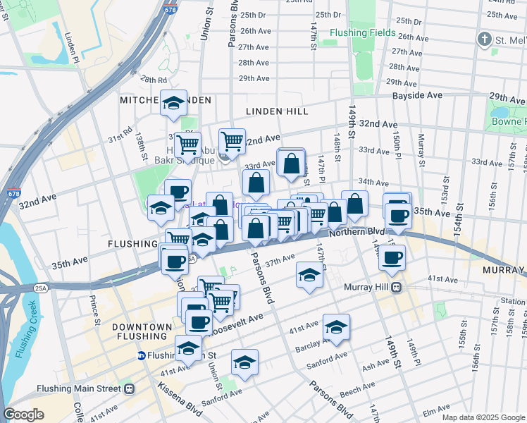 map of restaurants, bars, coffee shops, grocery stores, and more near 144-32 35th Avenue in Queens