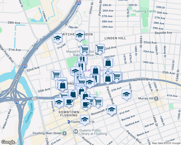 map of restaurants, bars, coffee shops, grocery stores, and more near in Queens