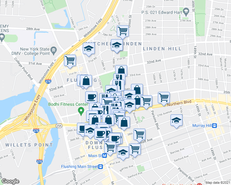 map of restaurants, bars, coffee shops, grocery stores, and more near in Queens