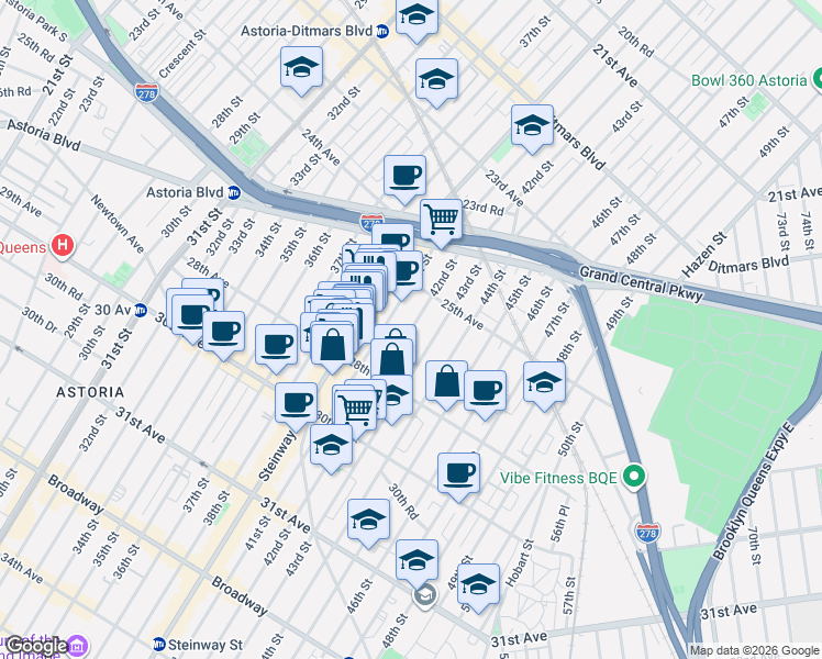 map of restaurants, bars, coffee shops, grocery stores, and more near 25-63 42nd Street in Queens