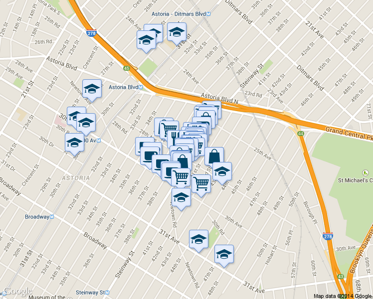 map of restaurants, bars, coffee shops, grocery stores, and more near in Queens