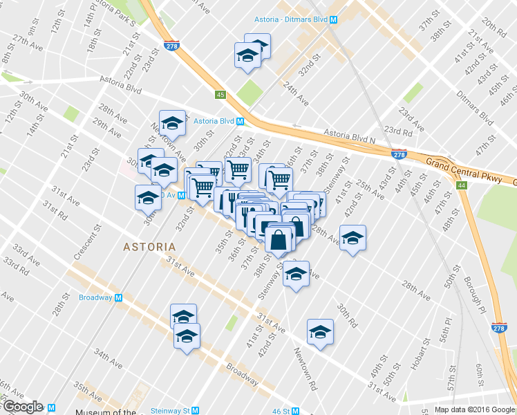 map of restaurants, bars, coffee shops, grocery stores, and more near 28-51 36th Street in Queens