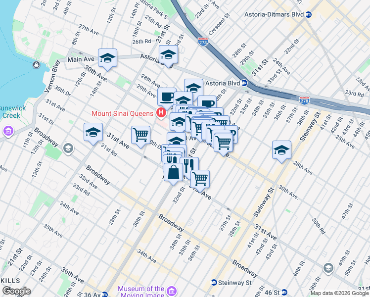map of restaurants, bars, coffee shops, grocery stores, and more near 30-11 30th Drive in Queens