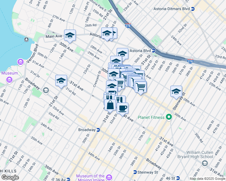 map of restaurants, bars, coffee shops, grocery stores, and more near 30-11 30th Drive in Queens