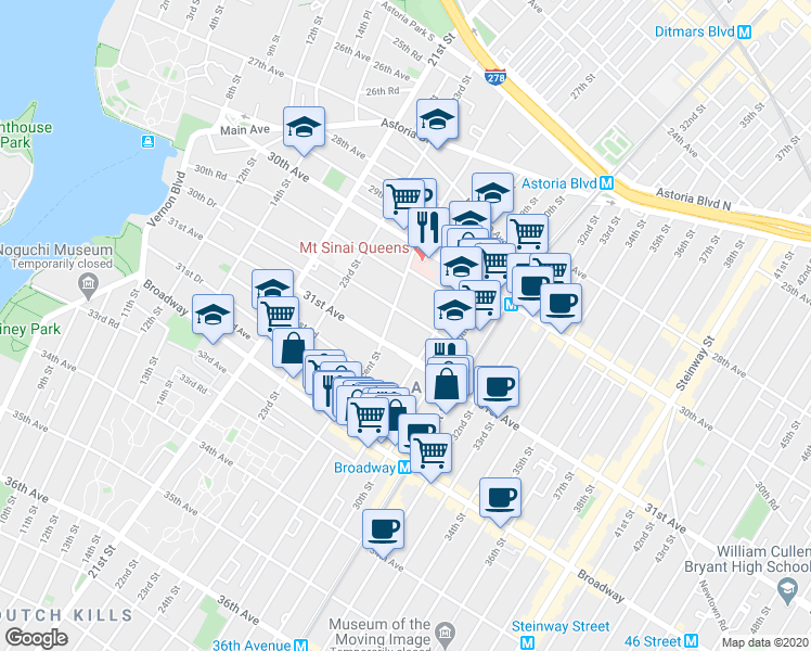 map of restaurants, bars, coffee shops, grocery stores, and more near in Queens