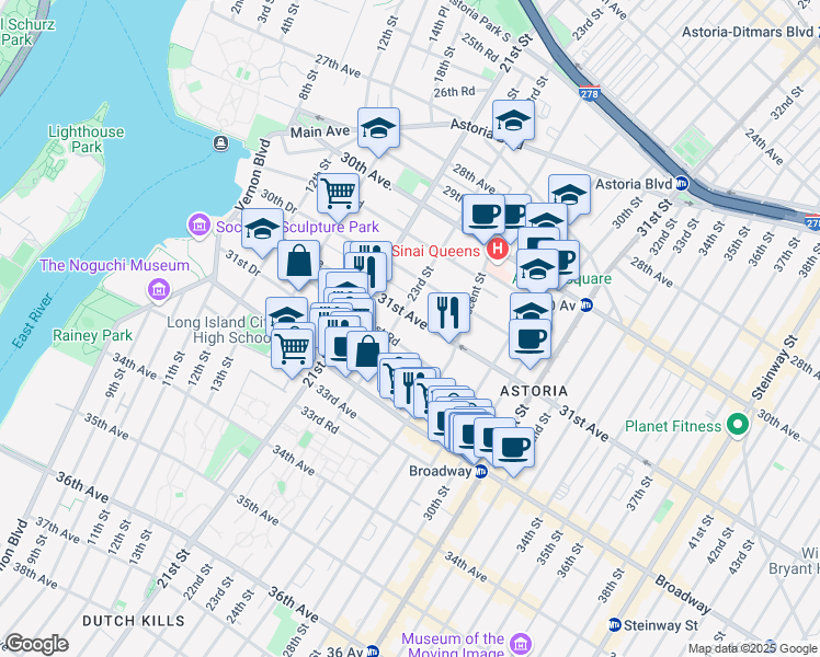 map of restaurants, bars, coffee shops, grocery stores, and more near 31-41 23rd Street in Queens