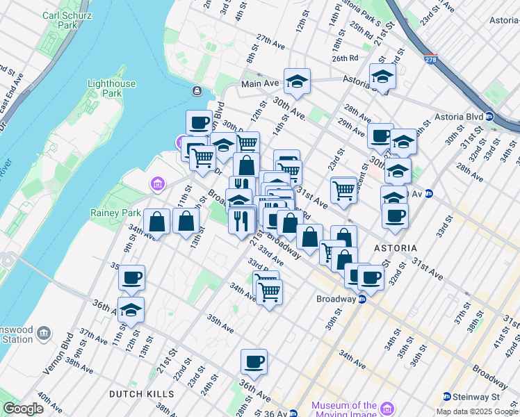 map of restaurants, bars, coffee shops, grocery stores, and more near 14-47 Broadway in Queens