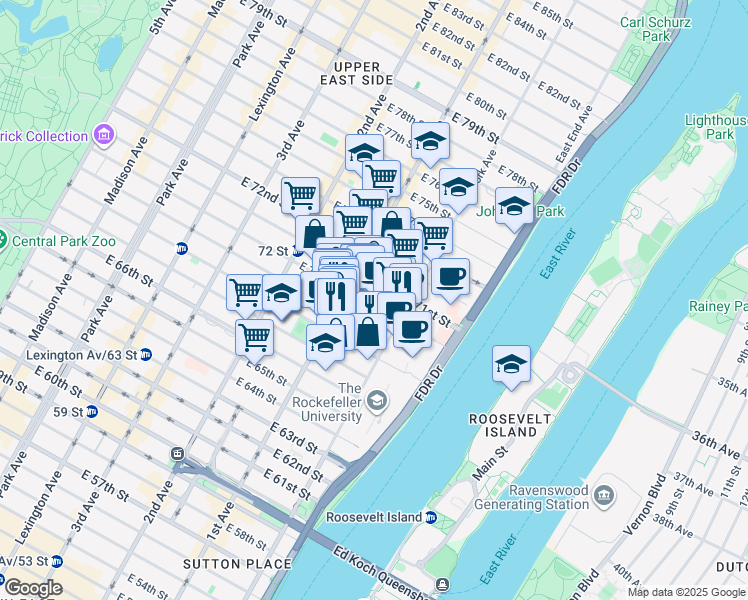 map of restaurants, bars, coffee shops, grocery stores, and more near 1283 York Avenue in New York
