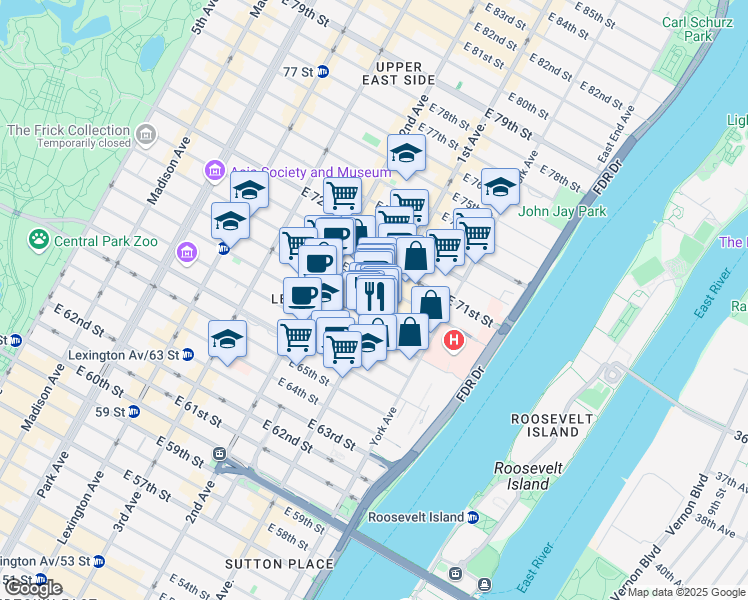 map of restaurants, bars, coffee shops, grocery stores, and more near 1274 1st Avenue in New York