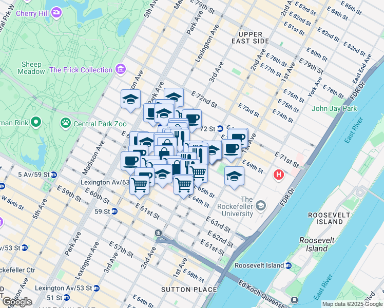 map of restaurants, bars, coffee shops, grocery stores, and more near 221 East 66th Street in New York