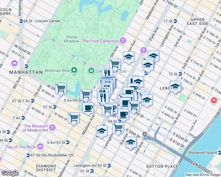 map of restaurants, bars, coffee shops, grocery stores, and more near 709 Madison Avenue in New York