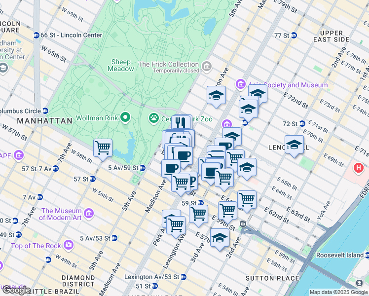 map of restaurants, bars, coffee shops, grocery stores, and more near 27 East 62nd Street in New York