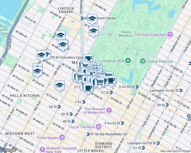 map of restaurants, bars, coffee shops, grocery stores, and more near 146 West 57th Street in New York