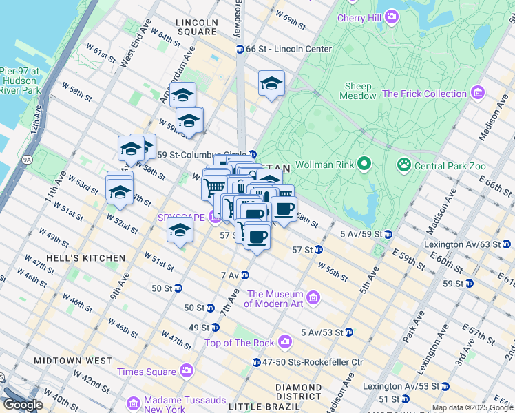 map of restaurants, bars, coffee shops, grocery stores, and more near 1752 Broadway in New York