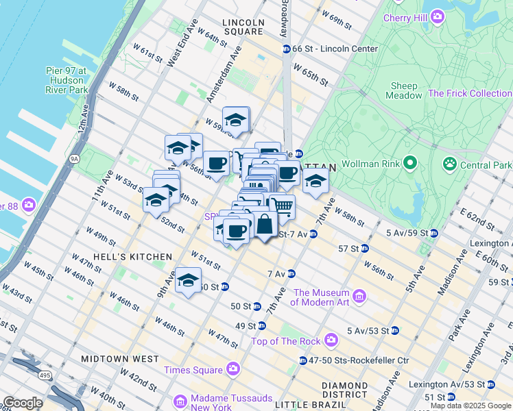 map of restaurants, bars, coffee shops, grocery stores, and more near 304 West 55th Street in New York