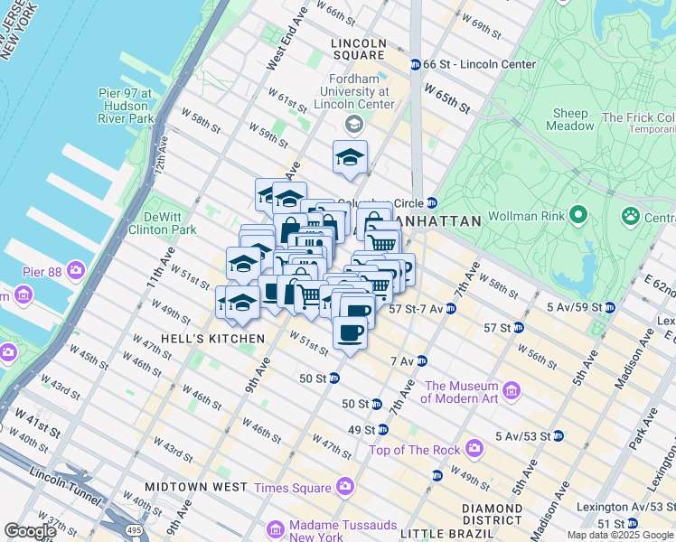 map of restaurants, bars, coffee shops, grocery stores, and more near 345 West 53rd Street in New York