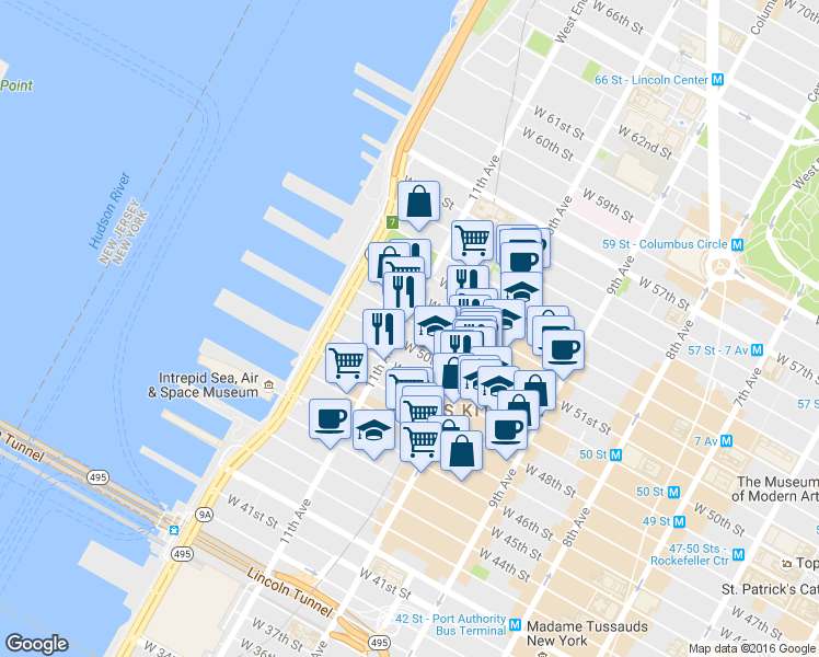 map of restaurants, bars, coffee shops, grocery stores, and more near 533 West 50th Street in New York