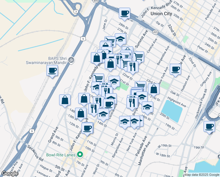 map of restaurants, bars, coffee shops, grocery stores, and more near 1800 Summit Avenue in Union City