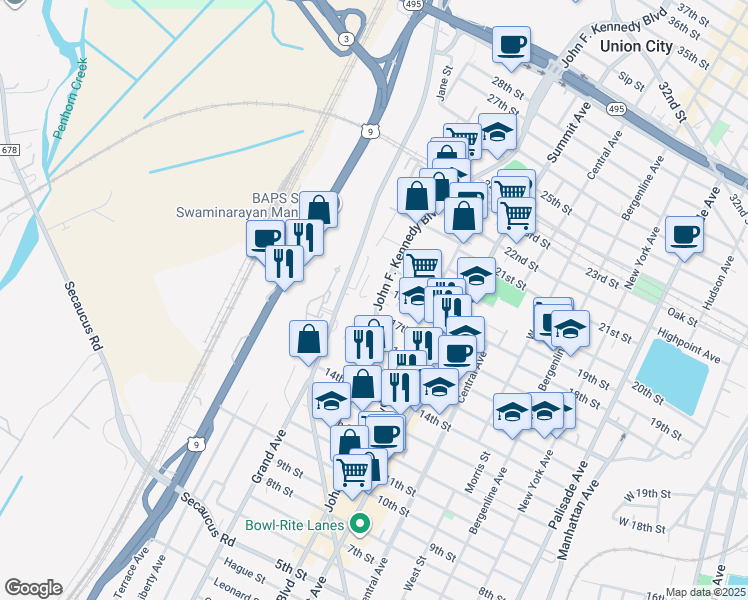 map of restaurants, bars, coffee shops, grocery stores, and more near 1625 John F. Kennedy Boulevard in North Bergen