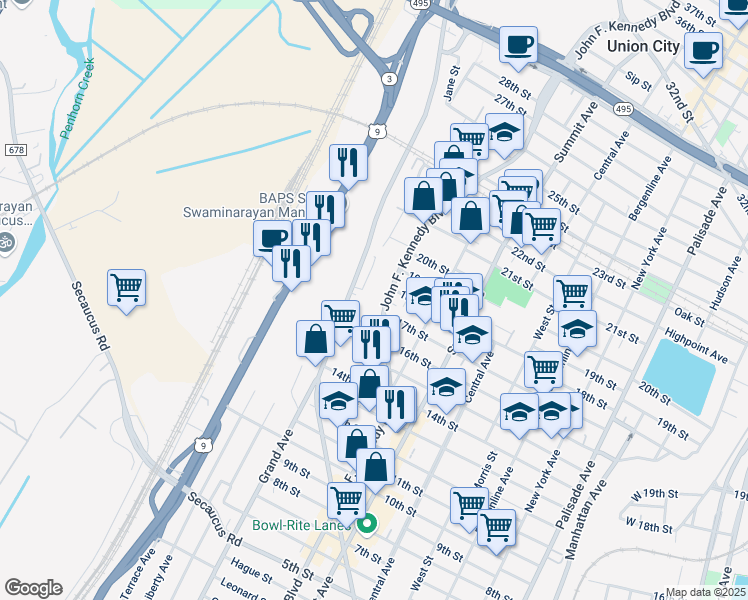 map of restaurants, bars, coffee shops, grocery stores, and more near 1625 John F. Kennedy Boulevard in North Bergen