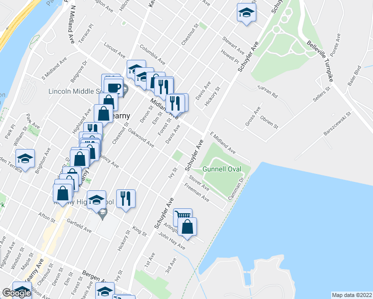map of restaurants, bars, coffee shops, grocery stores, and more near 500 Schuyler Avenue in Kearny