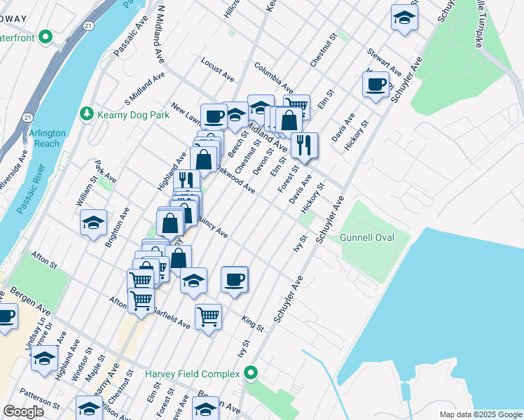 map of restaurants, bars, coffee shops, grocery stores, and more near 347 Forest Street in Kearny