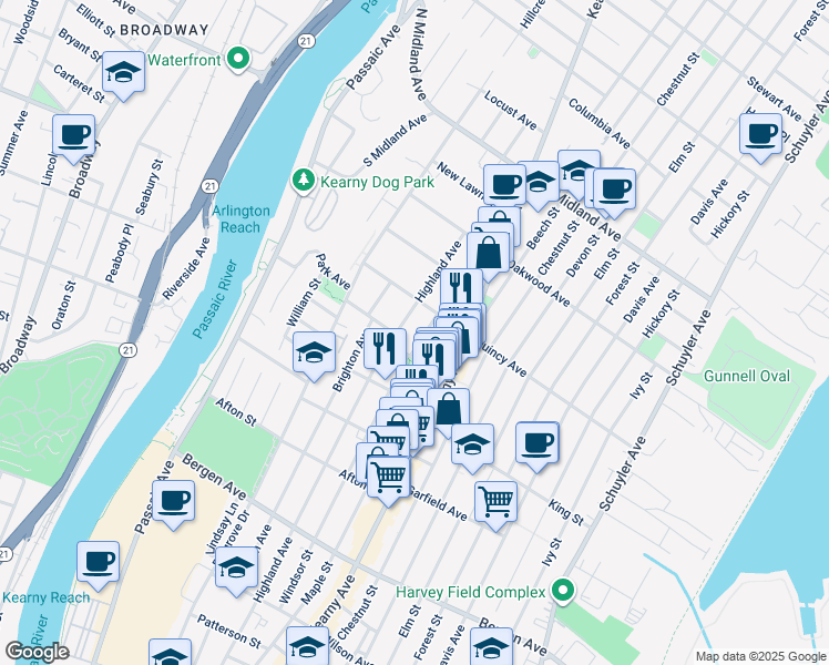map of restaurants, bars, coffee shops, grocery stores, and more near 23 Grove Street in Kearny