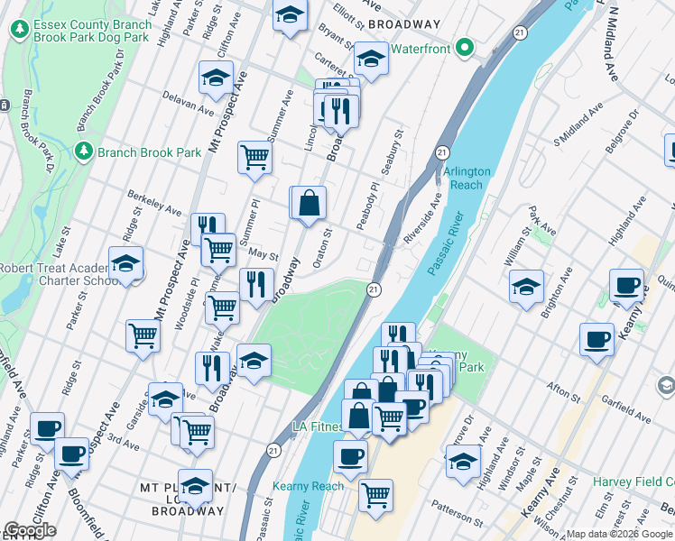 map of restaurants, bars, coffee shops, grocery stores, and more near 41 Herbert Place in Newark