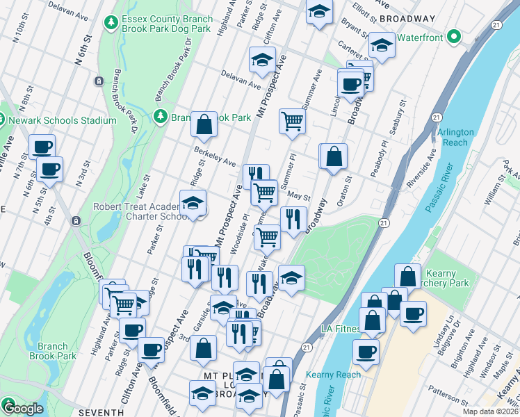 map of restaurants, bars, coffee shops, grocery stores, and more near 73 Woodside Place in Newark