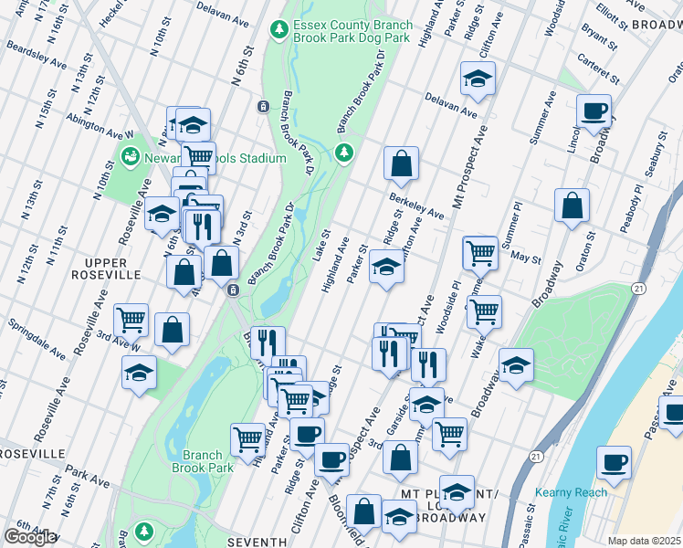 map of restaurants, bars, coffee shops, grocery stores, and more near 275-277 Highland Avenue in Newark