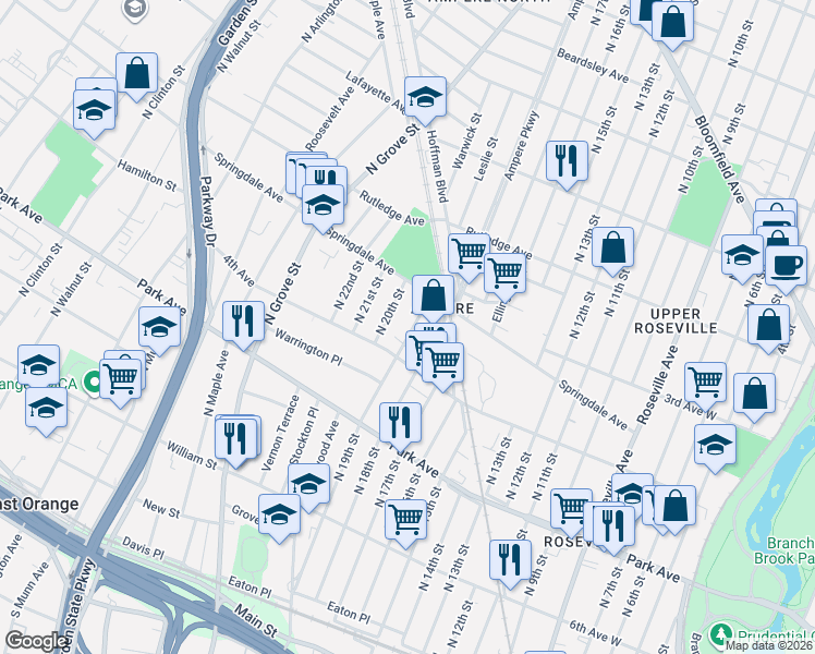 map of restaurants, bars, coffee shops, grocery stores, and more near 230 North 19th Street in East Orange