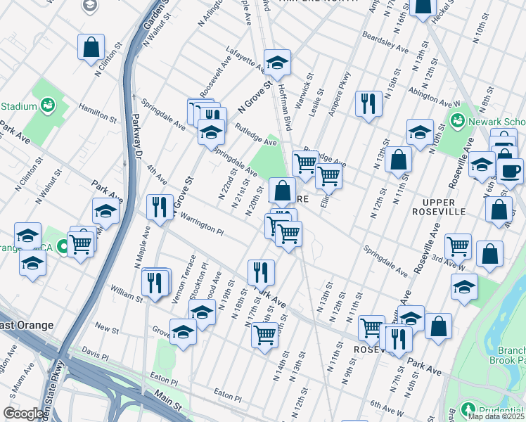 map of restaurants, bars, coffee shops, grocery stores, and more near 230 North 19th Street in East Orange