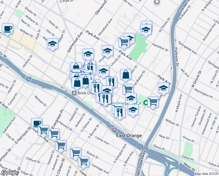 map of restaurants, bars, coffee shops, grocery stores, and more near 23 North Clinton Street in East Orange