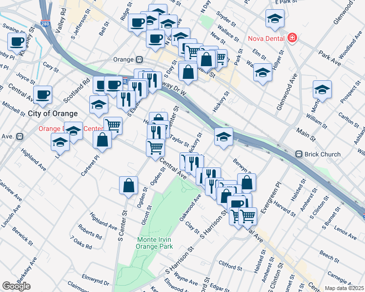 map of restaurants, bars, coffee shops, grocery stores, and more near 154 Chapman Street in City of Orange