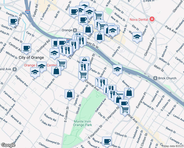 map of restaurants, bars, coffee shops, grocery stores, and more near 191 Central Avenue in City of Orange